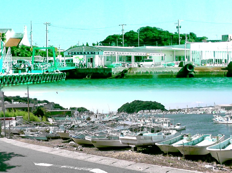 篠島観光船のりばと篠島観光案内所。琴平神社及び松寿寺が鎮座する城山（上写真）。下は篠島漁港。 篠島観光船のりば