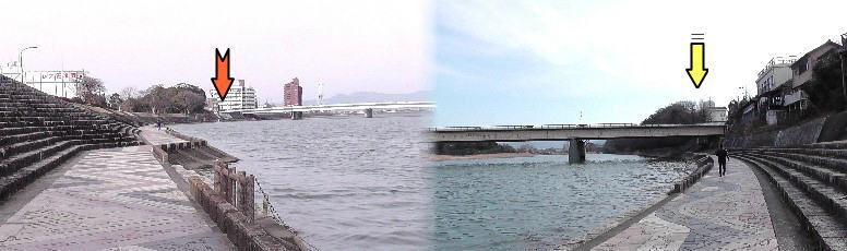 豊川親水緑道。右は吉田大橋を撮る。黄色矢印は吉田城。左は豊橋を望む。赤い矢印は吉田湊跡（旧豊橋親柱）。 撮影ポイント