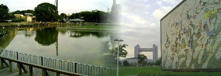 写真左は白鳥御材木場・御船蔵跡 慶長１５年(1610)、 福島正則が名古屋城築城のため堀川を開削の折に材料場船置場として 大池が掘られ、後に木曽良材の貯木場となり、 南側には船を係留しておく御船蔵が置かれた。 写真右は貯木場跡のすぐ北側にあ