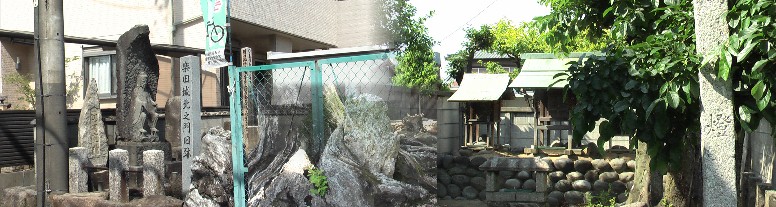 やがて右側に石垣に囲まれた石佛と「楽田城北之門旧跡」の石柱が眼に留まります。 右は反対側の小さな祠。中はすぐそばの大古木の根っこに絡む大石。