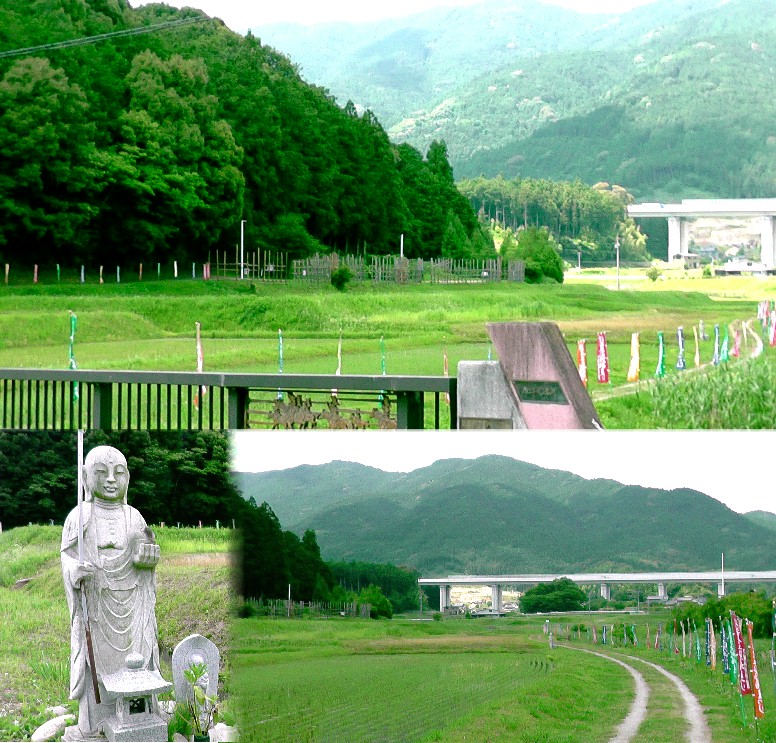 上：柳田橋から見る馬防柵付近風景。下は橋から馬防柵へ行く農道(連吾川堤防)と途中に戦死者を弔う地蔵尊。