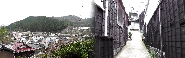 宗恩寺へ行く途中の町並み（右）。左は 宗恩寺から見る足助町。