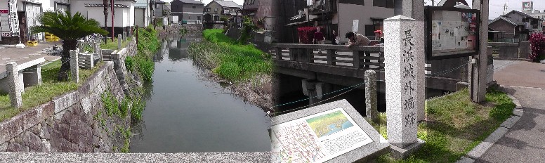 長浜城外堀跡。左写真は石垣を下りて乗船場が設置されている。