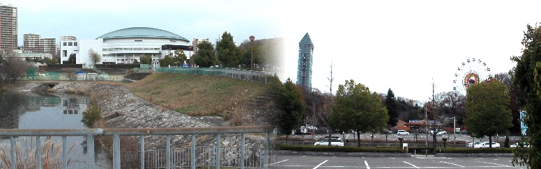 平和公園口新池から見る千種スポーツセンターと動物園北園を撮る。