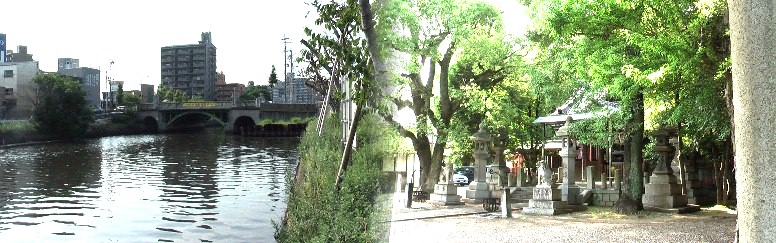 左は堀川に架かる住吉橋、橋桁がアーチ形になっているのは珍しい。右住吉神社境内。