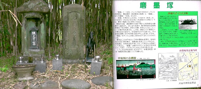 左は磨墨塚に眠る名馬「磨墨・するすみ」（源平の宇治川合戦で活躍）と生誕地でもある乳母 お隅之方のお墓(左端)が並んでいます。 説明板拡大