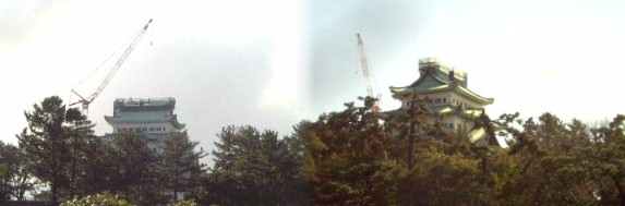 「新世紀名古屋城博覧会」に出展するため取り降ろし準備中の金シャチ (平成17年3月3日取降ろし)、2月27日撮影 写真左東側 右は西北側から見る 近くで見る天守閣 名古屋城の生い立ち |金シャチ降臨 ムービー第１部 ムービー第２部 名古屋城