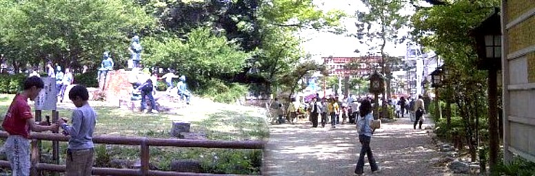 左は豊国神社境内の日吉丸(少年時代)を過ごした神社横の銅像、子供が大勢楽しく一緒に遊んでいる。 当時を彷彿とさせる右は豊国神社拝殿前の風景