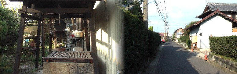 左は退休寺前の「お助けの井戸」。右は付近の街道北方向を撮る。