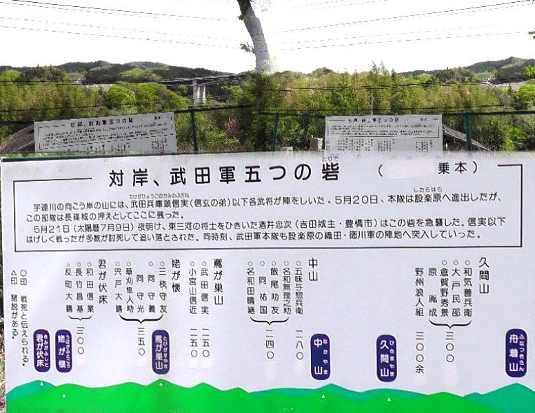 長篠城跡から宇連川を挟んで対岸の武田軍の五つの砦を撮る。