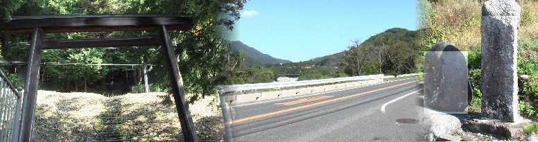 立町地区にある神明神社、社殿は中央本線を横切り奥。右は街道の石塔及び１９号線の風景。