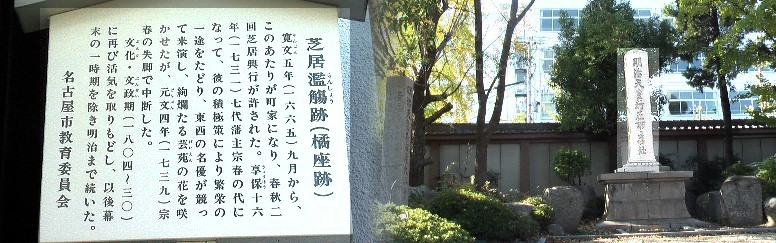 鎌倉街道、美濃路の交差する１００メートルほど東で、すぐ前には東別院があります。 右は橘座跡と向き合っていた明治天皇行在所旧跡。