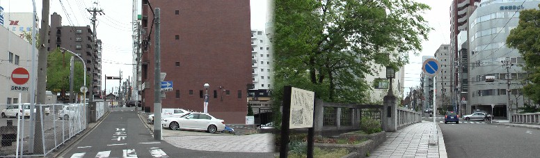 右：伝馬橋西から東、伝馬町方面を撮る。左同地点から北方面、四間道へ行く。