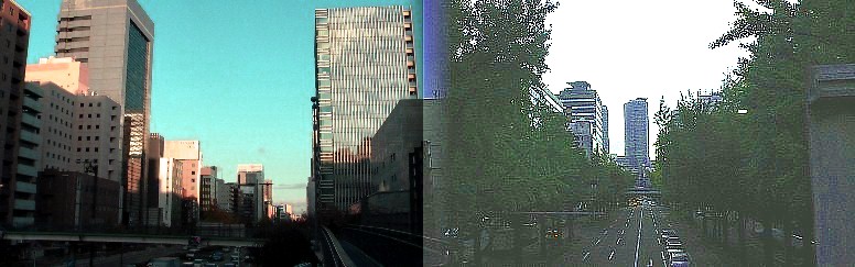 美濃路は伏見通りで途切れ日銀前歩道橋へ回ります。橋上から名駅方面と東・テレビ塔方面 （左）を見る日銀前交差点は名古屋市内で自動車交通量が一番多いと思います。