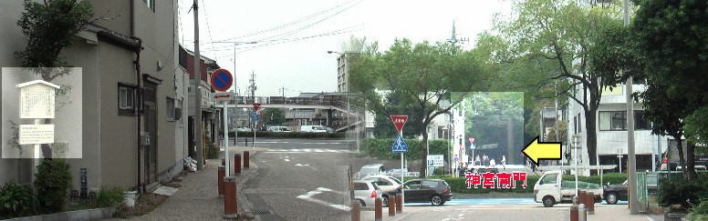 旧東海道西の端から「七里の渡し」方面（左）と熱田神宮南門を見る。