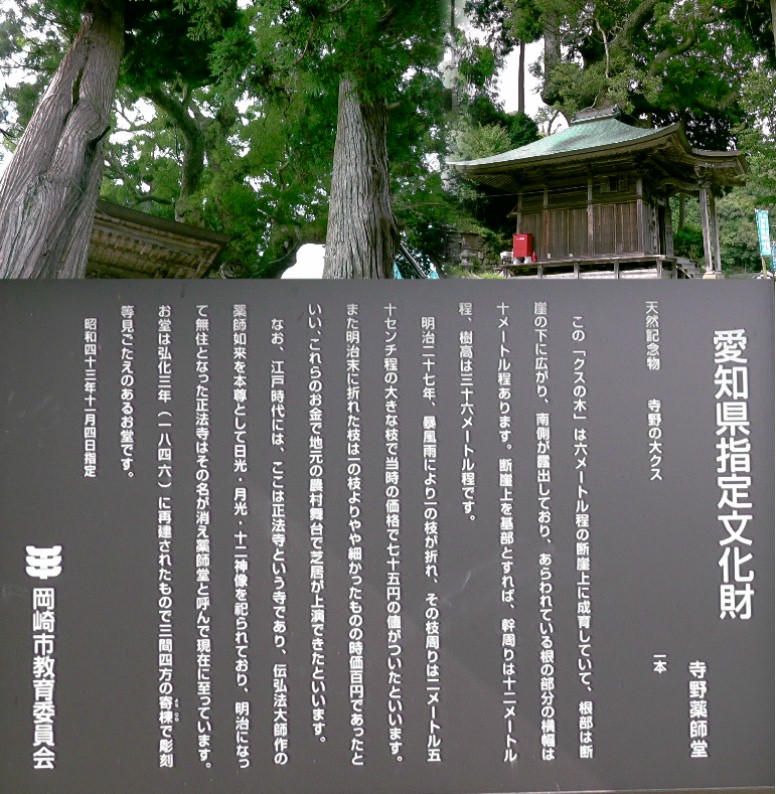 寺野の薬師堂(上右)。左は寺野の大クス。 寺野の薬師堂