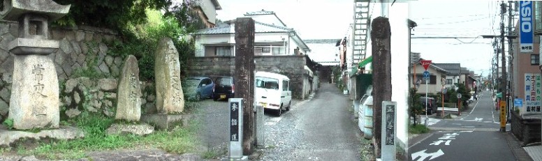 高札場横に並んで建つ常夜灯、庚申塔、など(左)。中は正善院の参詣道。右は まっすぐ伸びて淀川町から新町商店街へ行きます。
