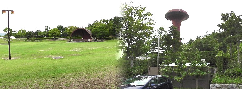 桃花台ニュータウン内の配水塔(右)と桃花台中央公園。