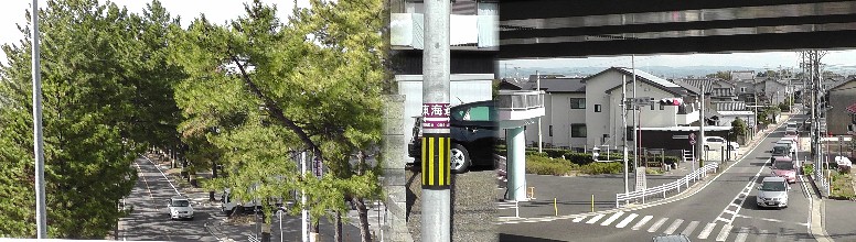 衣浦～豊田道路・歩道橋から見る旧東海道。左は知立宿、右は岡崎宿方面。