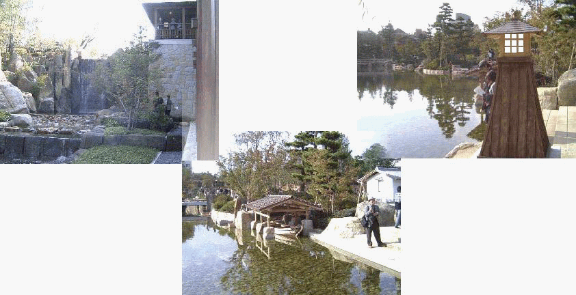 上は「龍門の滝」左虎仙橋、右は虎の尾 11/9～11/30は21:00まで延長無休ヤマモミジなど約３００本ライトアップ tel/052-935-8988 龍仙湖巡りの船小屋と渡し場風景（庭園灯、常夜灯にも明かりがつきました）