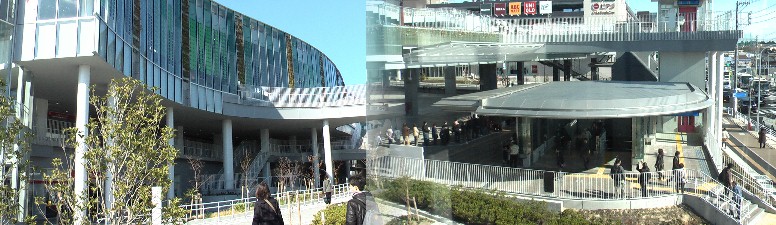 左：ユメリア徳重（緑区徳重支所、保健所、図書館など）。右；徳重駅とバスセンター