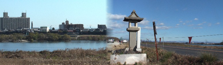 羽島側の渡し場跡の石灯台付近から対岸の起宿(左)と木曽川上流を望む。