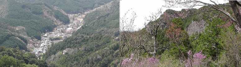 東照宮付近から表参道を望む(左)。右山頂(695m)を望む。