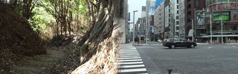 いずれも旧東海道で昔のままは左：由比宿薩た峠。 右:銀座４丁目。