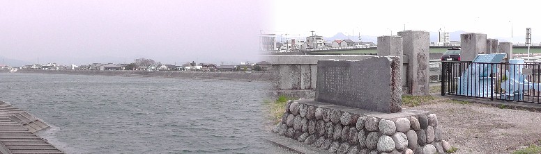 右：吉田湊跡ポケットパーク。左：ポケットパーク下の川岸。 吉田湊跡ポケットパーク