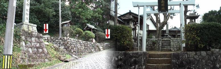 左は史跡「杖衝坂」赤い矢印右が「弘法の井戸」、左が「大日の井戸」。右は血塚