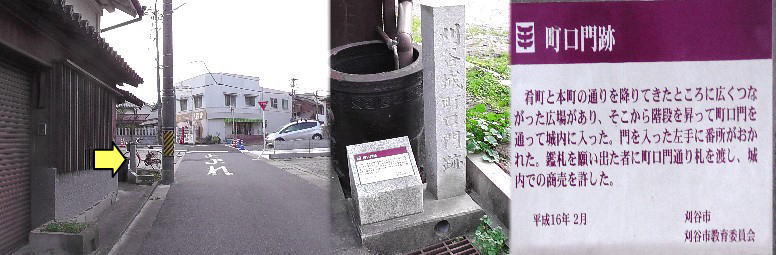 刈谷城町口門跡石碑(左黄色の矢印)。 町口門跡