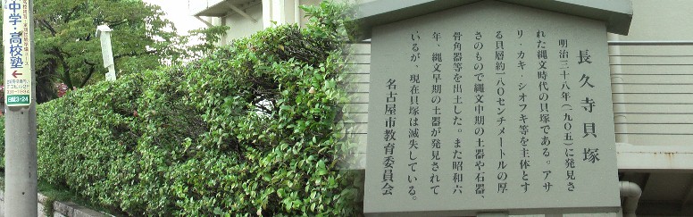 金城学院中学の生垣に建っています。 長久寺貝塚