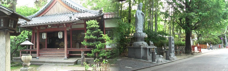 左は清水稲荷神社の拝殿。右は動物の慰霊で有名な長楽寺前の動物観音像。