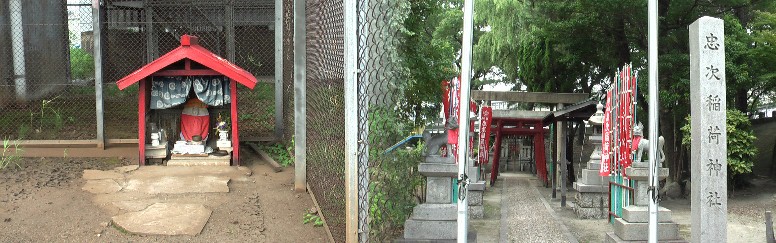 (忠次橋東詰)の青峰山観世音菩薩像(左)は、南区の村々がまだ海に面していたころ、船が出入りする 舟江(ふなえ)付近や新田の堤防上に何体も祀られていました。水難を防ぐとされ、海の 安全祈願のために人々に崇拝されてきました。右は新田を譲渡された