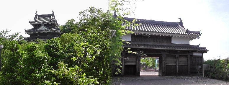 鍮石門(ちゅうしゃくもん)。二の丸御殿への表門で平成8年再建。左は鍮石門付近から 見る丑寅櫓。