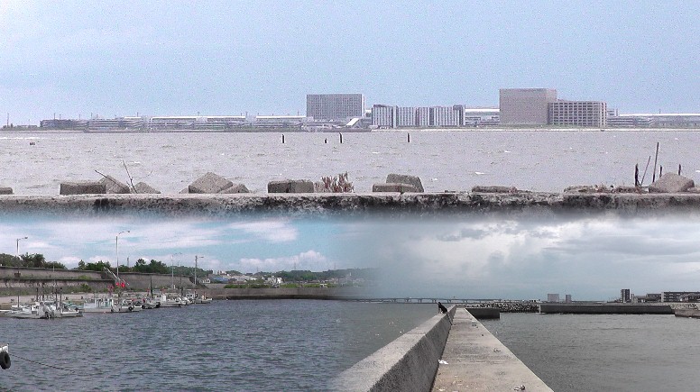 上は対岸(樽水漁港)から見る中部国際空港。下は樽水漁港から見る海岸風景。 樽水漁港