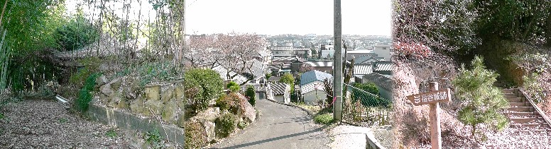 福谷城跡から見る福谷地区の町並み（中）。左は末広稲荷（地図）とされるが廃屋同然です。 福谷城跡