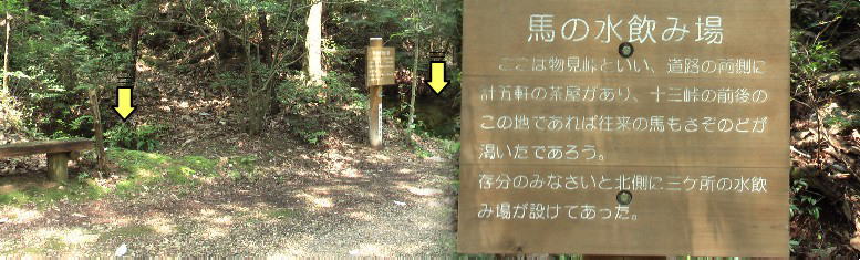 馬の飲み水場跡。黄色の矢印。今は涸れ果てています。