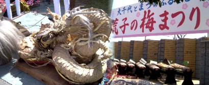 左は馬道具の一部と梅まつり舞台、荒子公園14年3月30日撮影