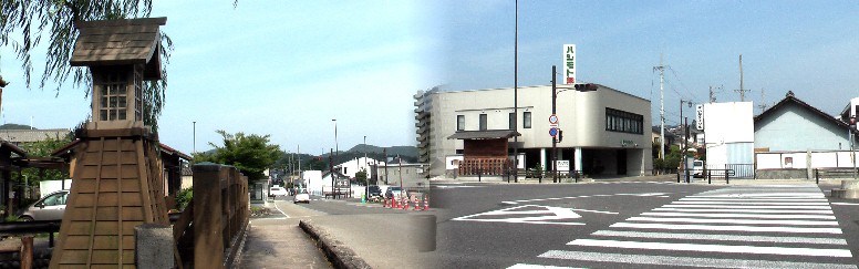 稲置街道はここで中山道と合流、分岐し京都、名古屋へ。左は 大安寺川橋 から見る街道東方面。
