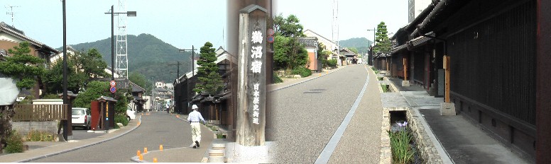 登録有形文化財、景観重要建造物４棟立ち並ぶ街道風景。左下は脇本陣西の二ノ宮神社。