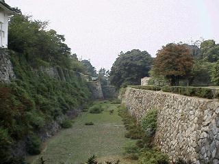 本丸御門の前を通り東南櫓に来ると本丸を囲む内堀が見える。 水の無い空堀で鹿が３頭ばかり遊んでいた。