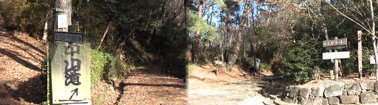 「うぬまの森」からうとう峠（右）を越え太田宿へ向かう途中、道案内が立つ分岐点（左）。 矢印の通り右へ進む。