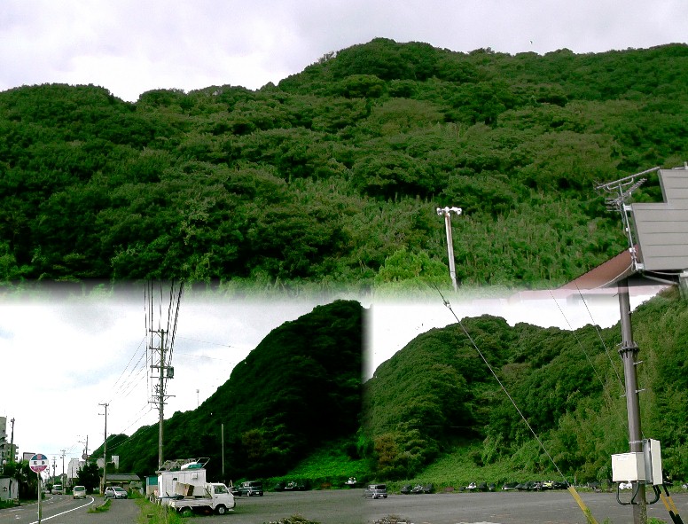 内海烽火台跡（上写真中央高い山頂）。麓の旧ロープウエーの跡が残る山間い（下右）です。 リンク： 城郭写真記録・内海烽火台跡 内海烽火台跡