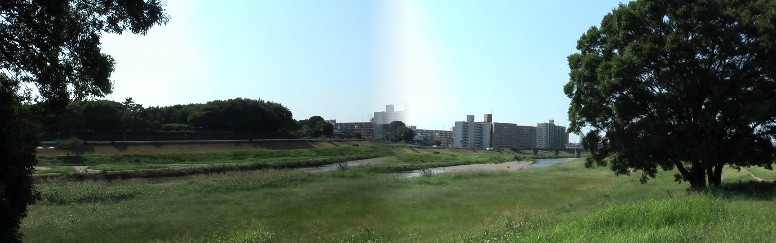 宝勝寺前の矢田川右岸から対岸の長母寺の森を望む（左）。右は矢田川下流（東区方面）を写す。