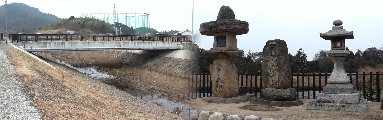 正蓮寺を過ぎ、斜め右に入るのが中仙道、まもなく家棟川に差掛かる。右はポケットパークにある常夜灯、 愛宕山石碑など。