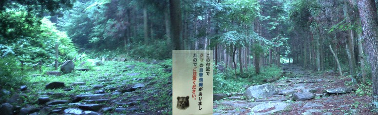琵琶峠・八瀬沢休憩所前の注意書きと一里塚付近の石畳街道。アマゴ釣りのベテランは 谷深く入るとき熊除けにはホイッスルが効果あるという。鴨ノ巣一里塚にも同様の注意 書きが立っていました。次回から持参します。