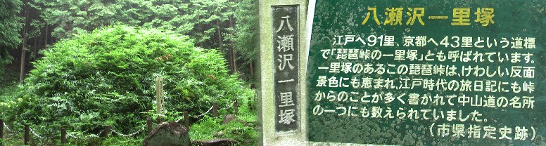 琵琶峠・八瀬沢一里塚に立つ標識、案内板。