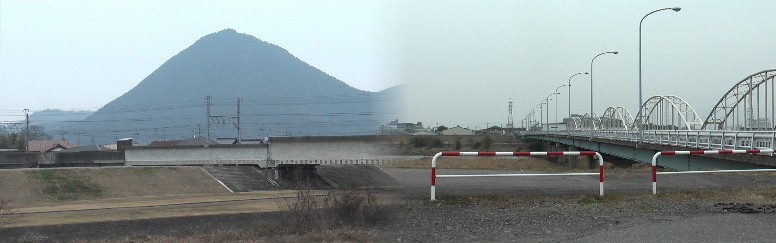 野洲川橋上から振り返り近江富士を見る。