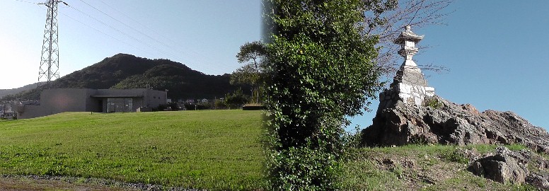 吉胡(よしご)貝塚から蔵王山を望む。右は吉胡貝塚近く禅僧池畔の常夜灯。 禅僧池畔の常夜灯